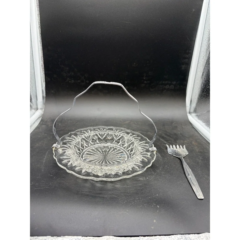 Vintage Pressed Glass Relish Dish with Chrome Handle and‎ Serving Fork Set